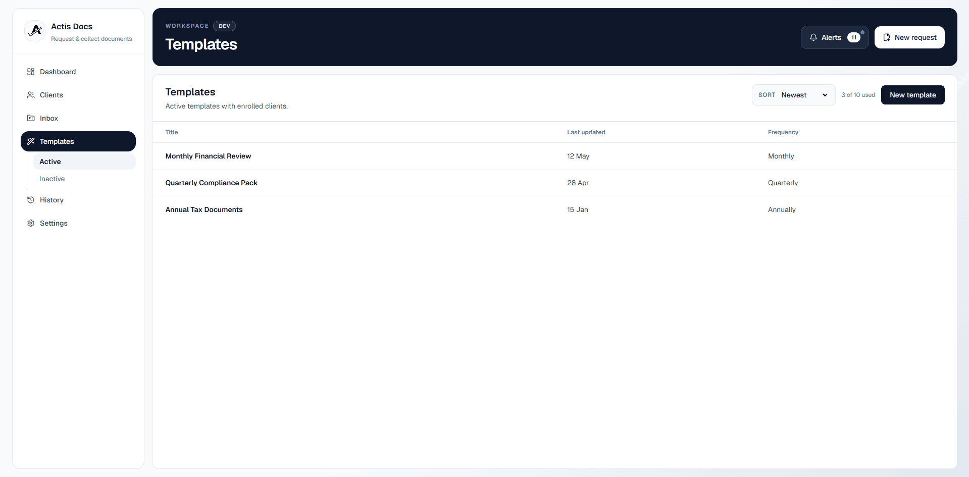 Actis Docs template builder showing required and optional document fields with a monthly cadence