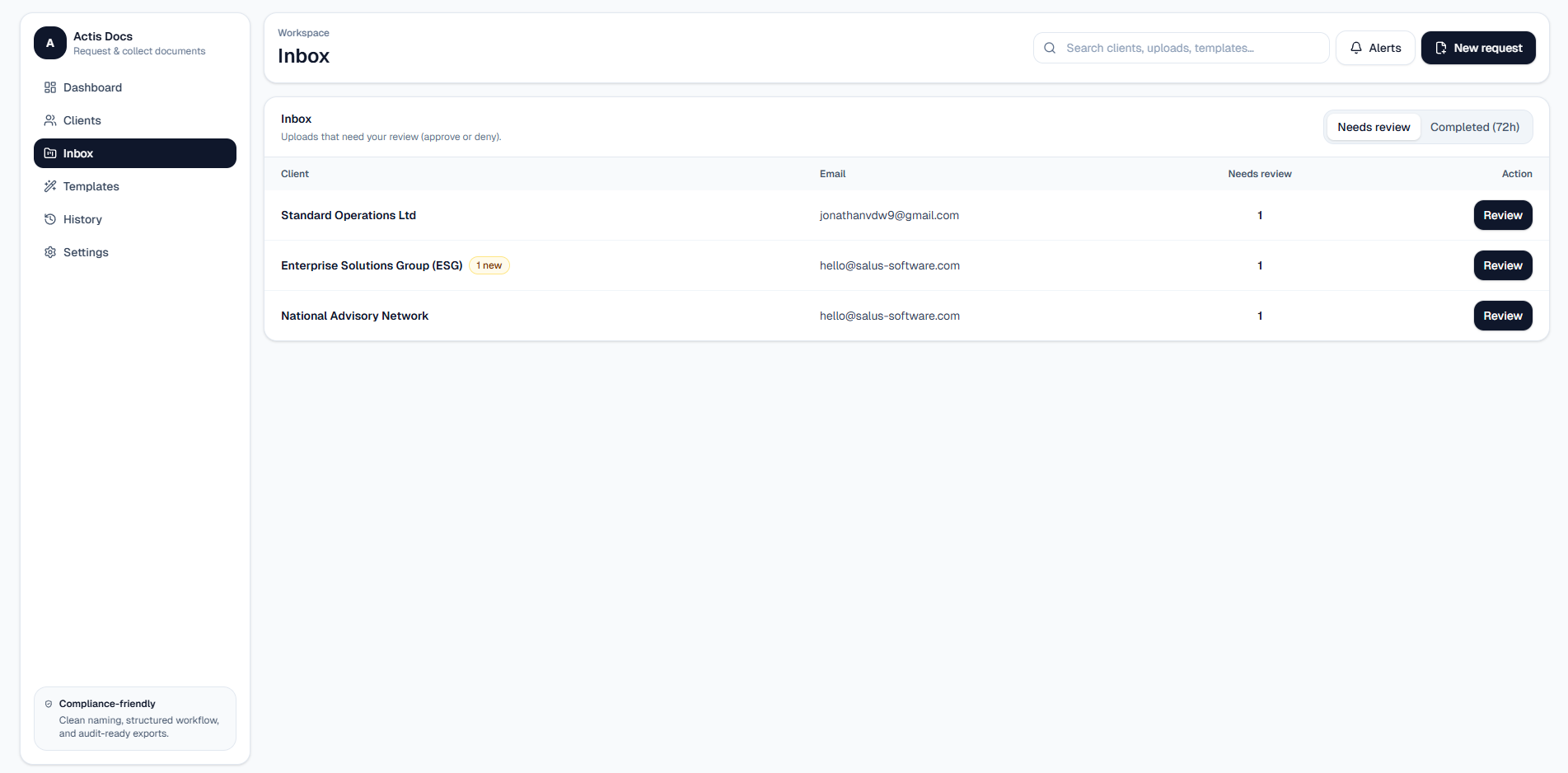 Actis Docs inbox showing uploads awaiting review with approve and reject actions